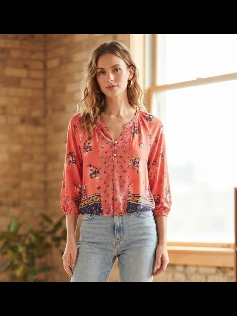 fig and flower Coral Floral Split-Neck Blouse